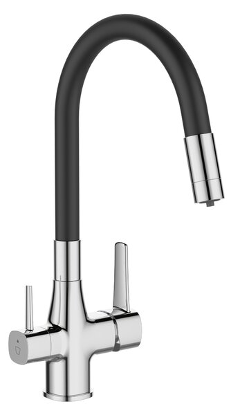 Invena Magic, stojánková dřezová baterie s flexibilním ramenem a filtrem na pitnou vodu, černá-chromová, INV-BZ-08-F08-V