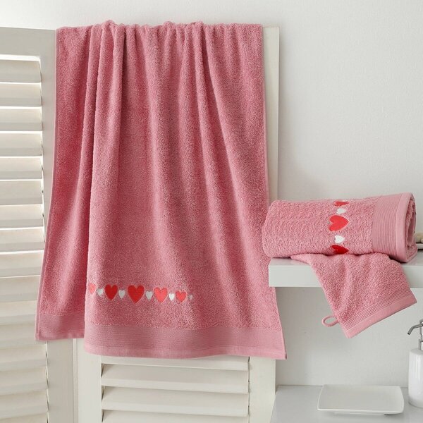 Koupelnový textil s výšivkou srdcí starorůžová ručník 50x100 cm+žínka