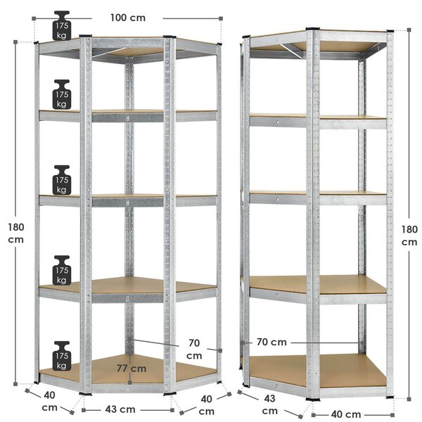 Juskys Rohový regál Basic 180x70x40 cm - stříbrný