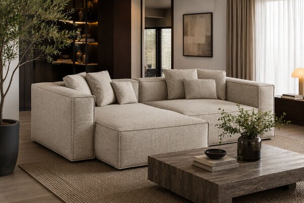 -25 % Dny MOMENTI– Cosmopolitan Design Béžová žinylková rohová pohovka Aveiro 254 cm, levá