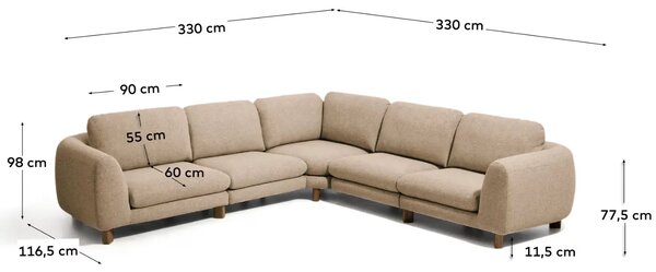 Kave Home Hnědá čalouněná rohová pohovka Vera 330 cm s ořechovou podnoží, levá, pravá
