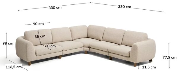 Kave Home Béžová čalouněná rohová pohovka Vera 330 cm s ořechovou podnoží, levá, pravá