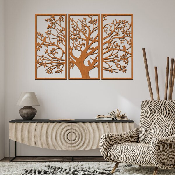 Dřevo života | 3 dílný dřevěný strom s ptáky | Barva: Třešeň | Rozměry (cm): 120x77