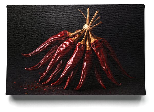 KRAFTHOUSE.EU Ohnivá Kytice – Sušené Chilli na Černém Pozadí – obraz na plátně Premium Canvas | 100% bavlna | Různé rozměry Velikost: 30 x 20 cm