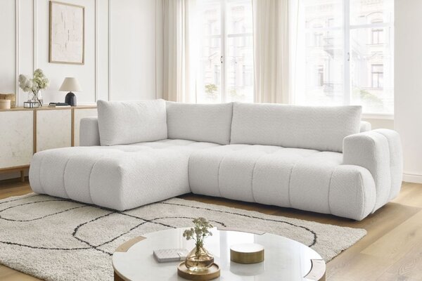 -25 % Dny MOMENTI– Bobochic Paris Bílá bouclé rozkládací pohovka Fuji 282 cm, levá