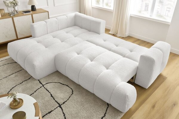 -25 % Dny MOMENTI– Bobochic Paris Bílá bouclé rozkládací pohovka Fuji 282 cm, levá