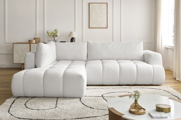 -25 % Dny MOMENTI– Bobochic Paris Bílá bouclé rozkládací pohovka Fuji 282 cm, levá
