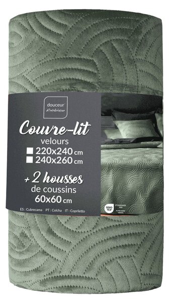 Zelený sametový set přehozu a povlaku na polštář 220x240 cm Solange – douceur d'intérieur