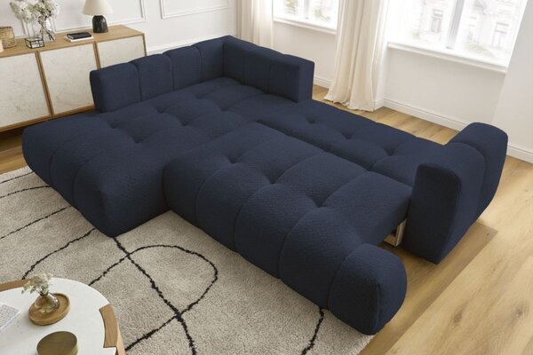 -25 % Dny MOMENTI– Bobochic Paris Tmavě modrá bouclé rozkládací pohovka Fuji 282 cm, levá
