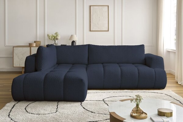 -25 % Dny MOMENTI– Bobochic Paris Tmavě modrá bouclé rozkládací pohovka Fuji 282 cm, levá