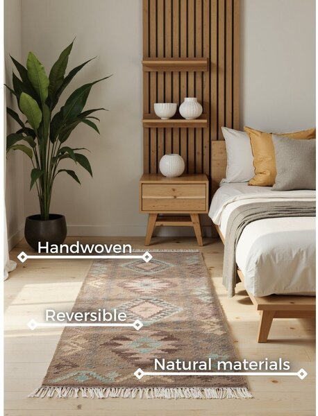 Světle modrý/béžový oboustranný ručně tkaný vlněný běhoun 60x190 cm Kamal Dune – Nouristan