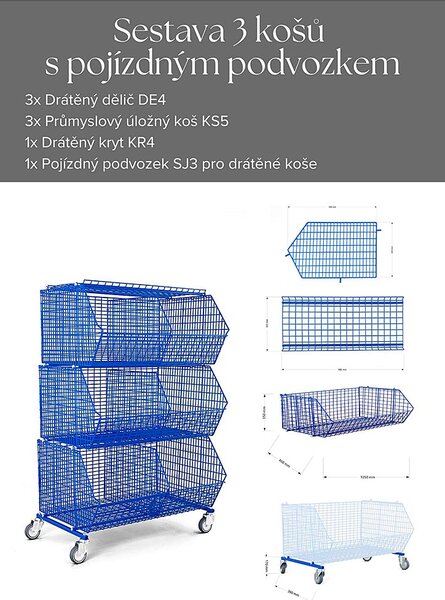 FEROPLAST spol. s.r.o Průmyslový úložný koš KS5, kompletní set 3 košů na kolečkách