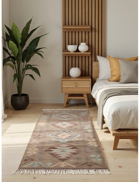 Světle modrý/béžový oboustranný ručně tkaný vlněný běhoun 60x190 cm Kamal Dune – Nouristan