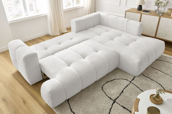 -25 % Dny MOMENTI– Bobochic Paris Bílá bouclé rozkládací pohovka Fuji 282 cm, pravá