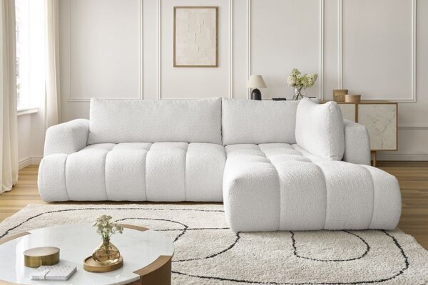 -25 % Dny MOMENTI– Bobochic Paris Bílá bouclé rozkládací pohovka Fuji 282 cm, pravá