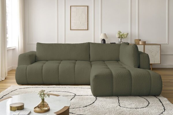 -25 % Dny MOMENTI– Bobochic Paris Zelená bouclé rozkládací pohovka Fuji 282 cm, pravá