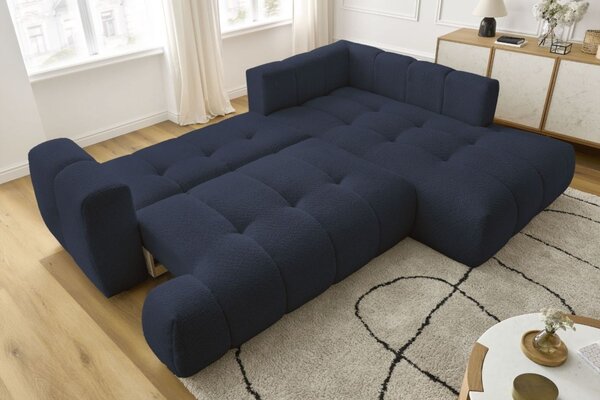 -25 % Dny MOMENTI– Bobochic Paris Tmavě modrá bouclé rozkládací pohovka Fuji 282 cm, pravá