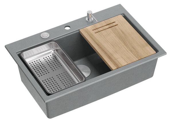 Šedý kuchyňský granitový dřez QUADRON Marc 110 s příslušenstvím bez baterie