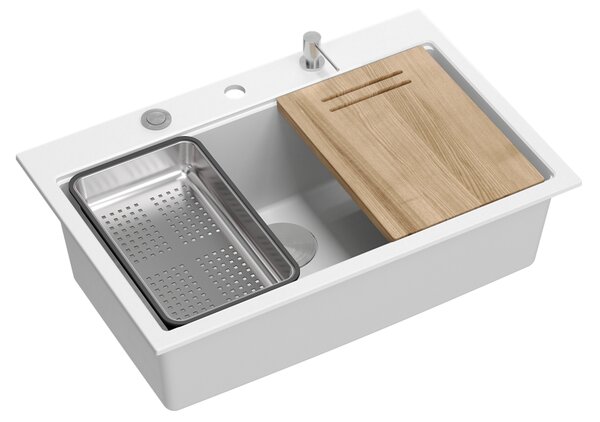 Bílý kuchyňský granitový dřez QUADRON Marc 110 s příslušenstvím bez baterie