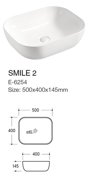 Comad Smile umyvadlo 50x40 cm obdélníkový na pult bílá UM-6254SMILE50DP