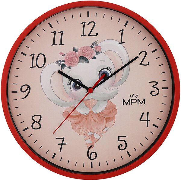 MPM Pestrobarevné dětské nástěnné červené hodiny se sloníkem E01M.4268.20