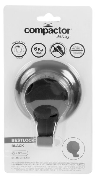 Háček do koupelny Compactor Bestlock Black s přísavkami -bez vrtání, nosnost až 6 kg