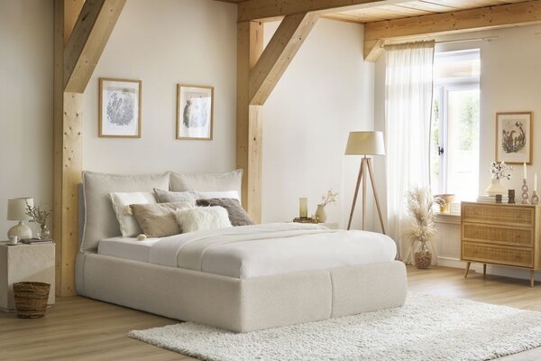 -25 % Dny MOMENTI– Bobochic Paris Béžová bouclé dvoulůžková postel Garance 160 x 200 cm s úložným prostorem