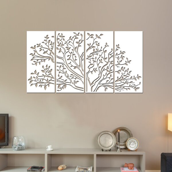 Dřevo života | 4 dílný dřevěný listnatný strom | Barva: Bílá | Rozměry (cm): 80x44